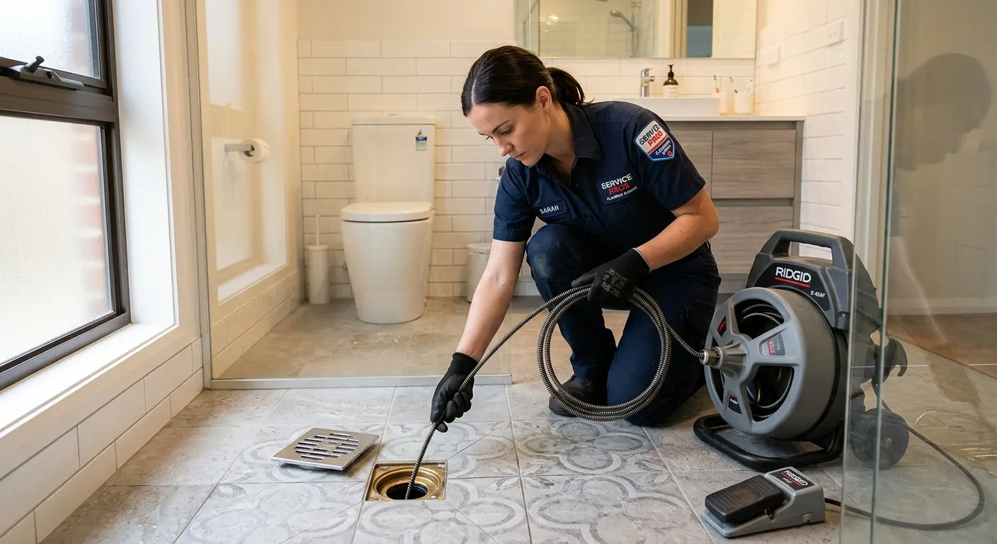 Technician clearing a bathroom floor drain for Sewer Line Installation in South Heidelberg